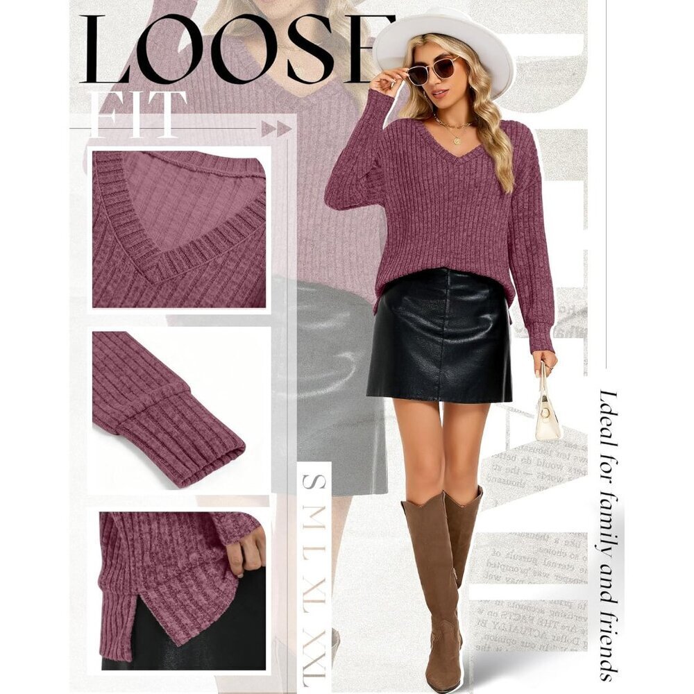 Women's Long Sleeve Lightweight Sweaters 3 Pack V Neck Side Split Fall Basic - Picture 4 of 5